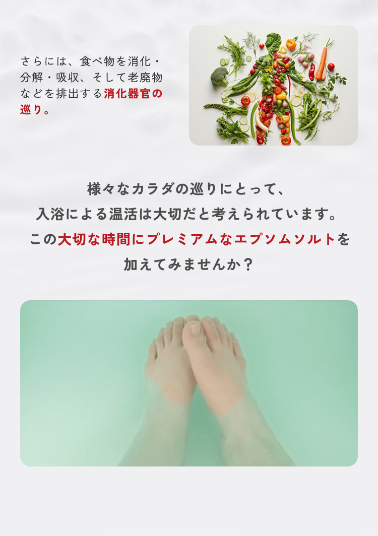 さらには、食べ物を消化・分解・吸収、そして老廃物などを排出する消化器官の巡り。様々なカラダの巡りにとって、入浴による温活は大切だと考えられています。この大切な時間にプレミアムなエプソムソルトを加えてみませんか？