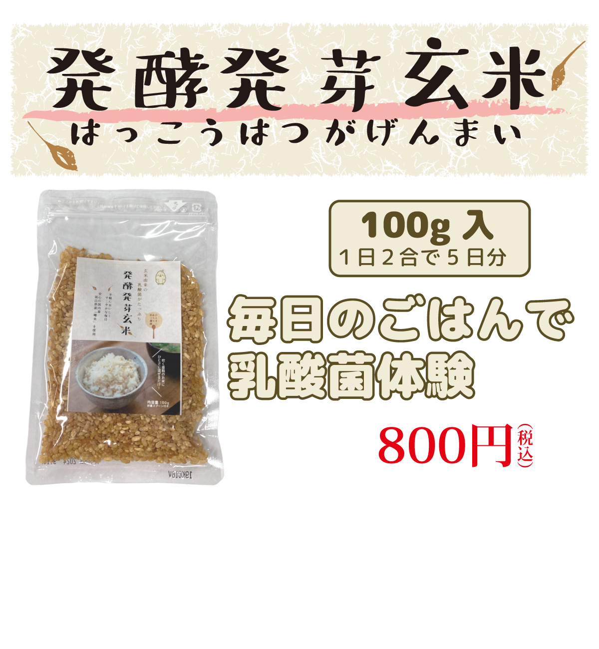 初めての方におすすめ。毎日のごはんで乳酸菌体験まずは5日間お試しサイズ。1日2合で5日分、100g入。800円(税込)　