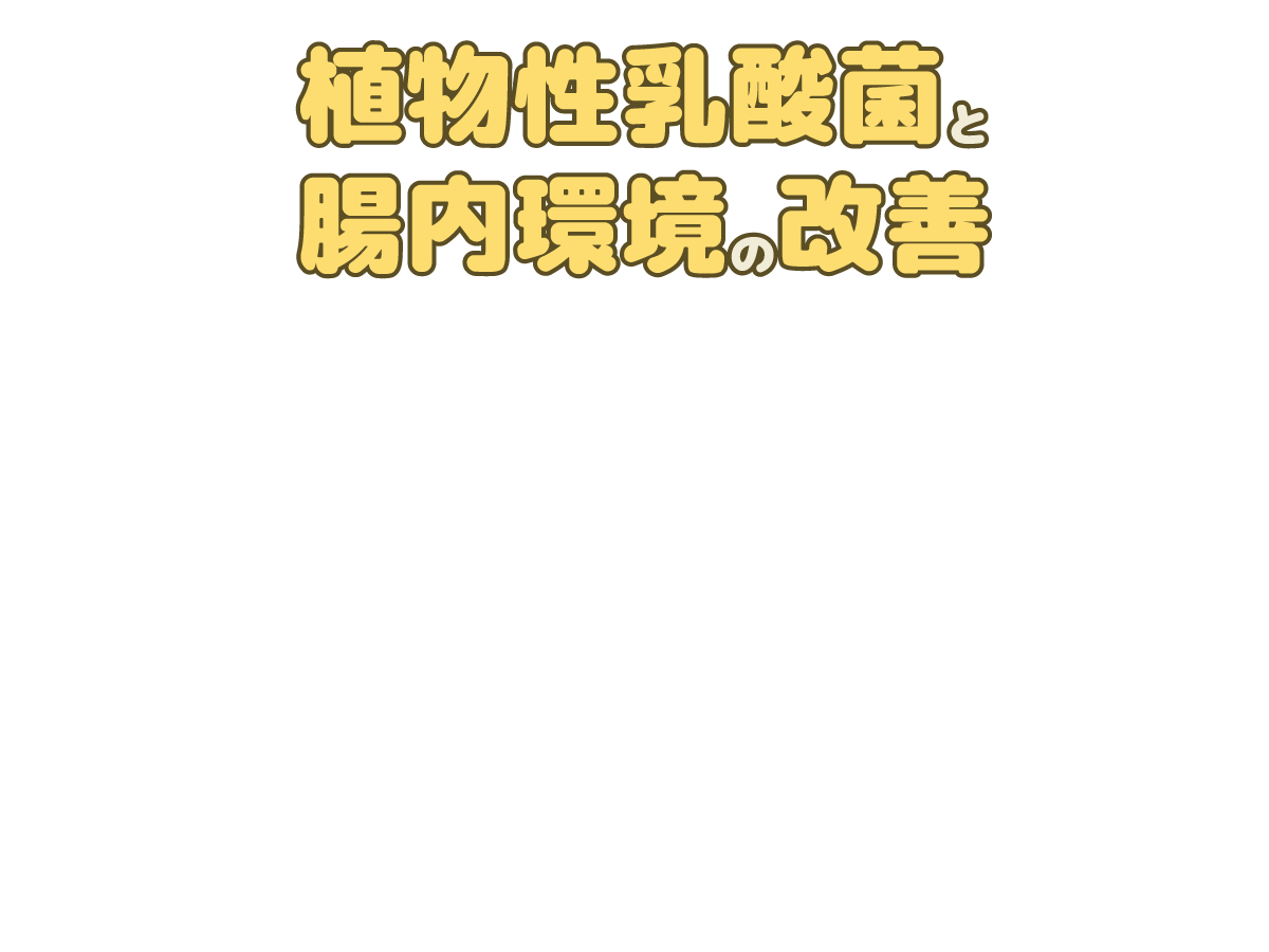 ①植物性乳酸菌と腸内環境の改善／腸内細菌は、善玉菌・悪玉菌・日和見菌の３種で構成され、比率が２：１：７が理想的と言われています。しかし食生活やストレス等、ちょっとしたきっかけでそのバランスが崩れてしまうので、善玉菌をふやすことのできる植物性乳酸菌などを摂ることが重要とされています。