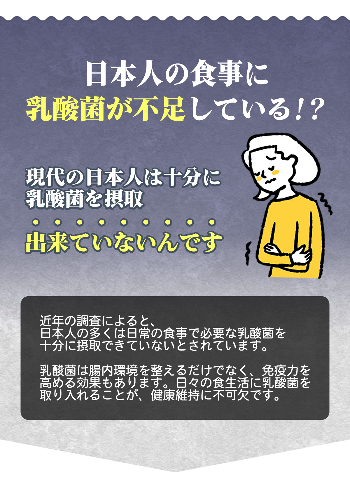 ～日本人の食事に乳酸菌が不足している！？～　現代の日本人は十分に乳酸菌を摂取できていないんです　「近年の調査によると、日本人の多くは日常の食事で必要な乳酸菌を十分に摂取できていないとされています。乳酸菌は腸内環境を整えるだけでなく、免疫力を高める効果もあります。日々の食生活に乳酸菌を取り入れることが、健康維持に不可欠です。