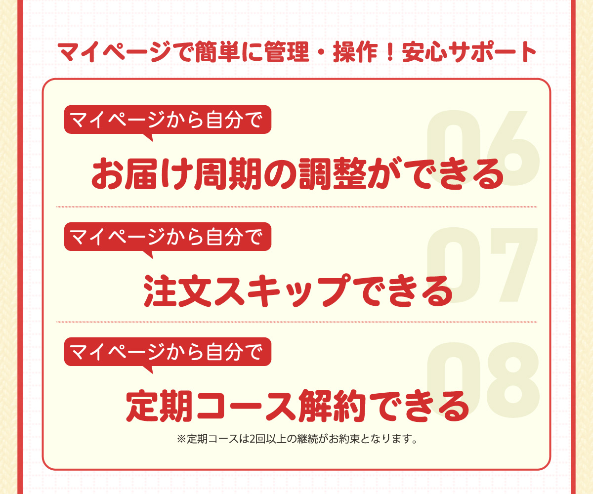 マイページでかんたんに管理・操作！安心サポート！｜⑥マイページから自分でお届け周期の調整ができる！｜⑦マイページから自分で注文スキップができる！｜⑧マイページから自分で定期コースの解約ができる！